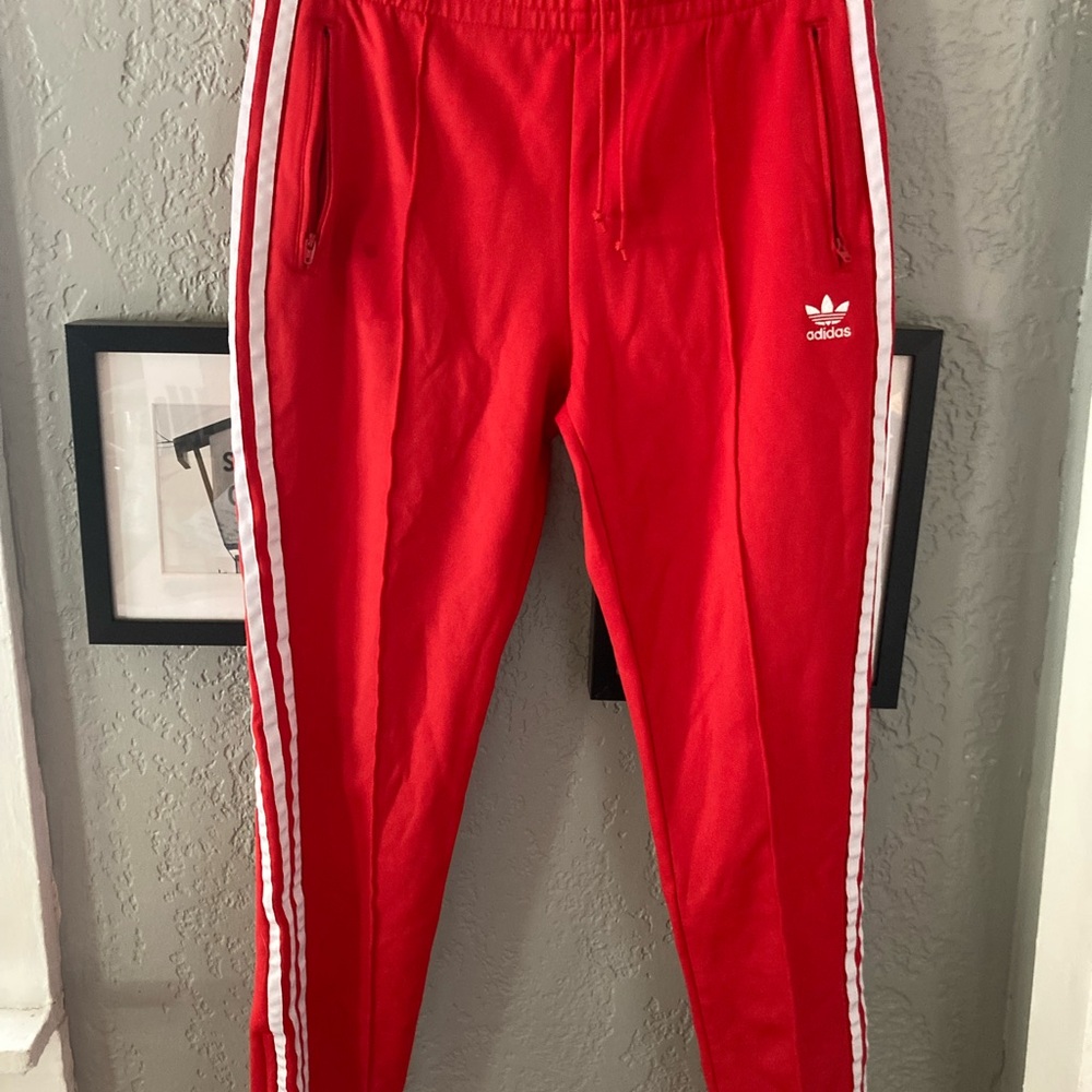 Adidas Bold Red Joggers Track Pantswith Classic White Stripes